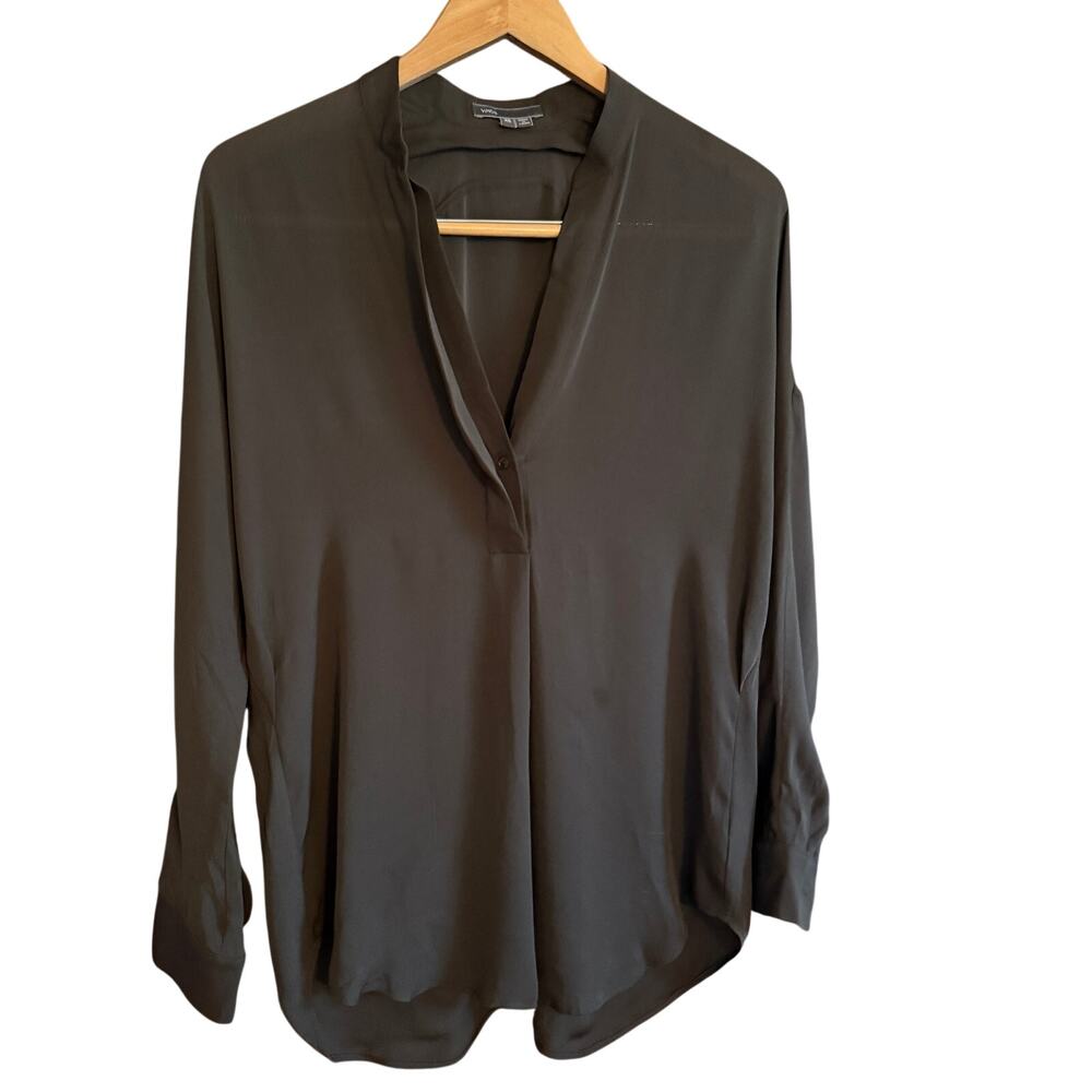 VINCE | Dark Gray Silk Relaxed Fit Dolman Sleeve Popover Blouse | Extra Small